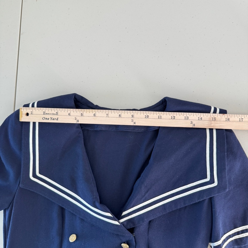 Vintage Handmade Navy Sailor Dress S Nautical Pleated Midi Gold Buttons Preppy - Picture 11 of 13